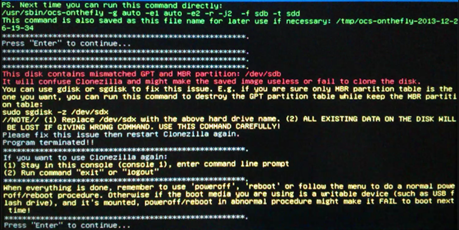 Clonezilla Error The Disk Contanins Mismatched GPT and MBR Partition