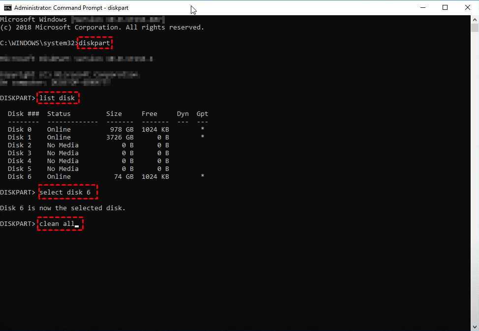 diskpart clean