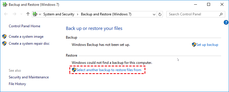 Select Another Backup To Restore Files From