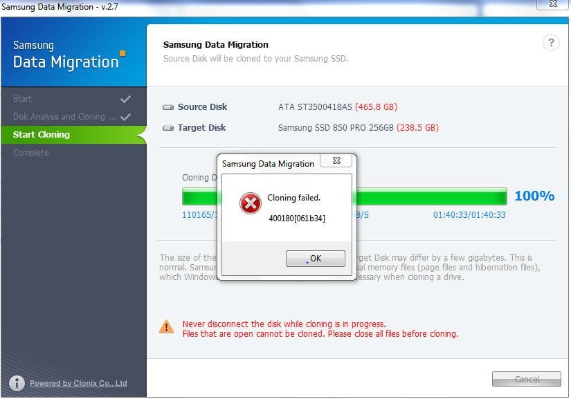 Samsung Data Migration Cloning Failed